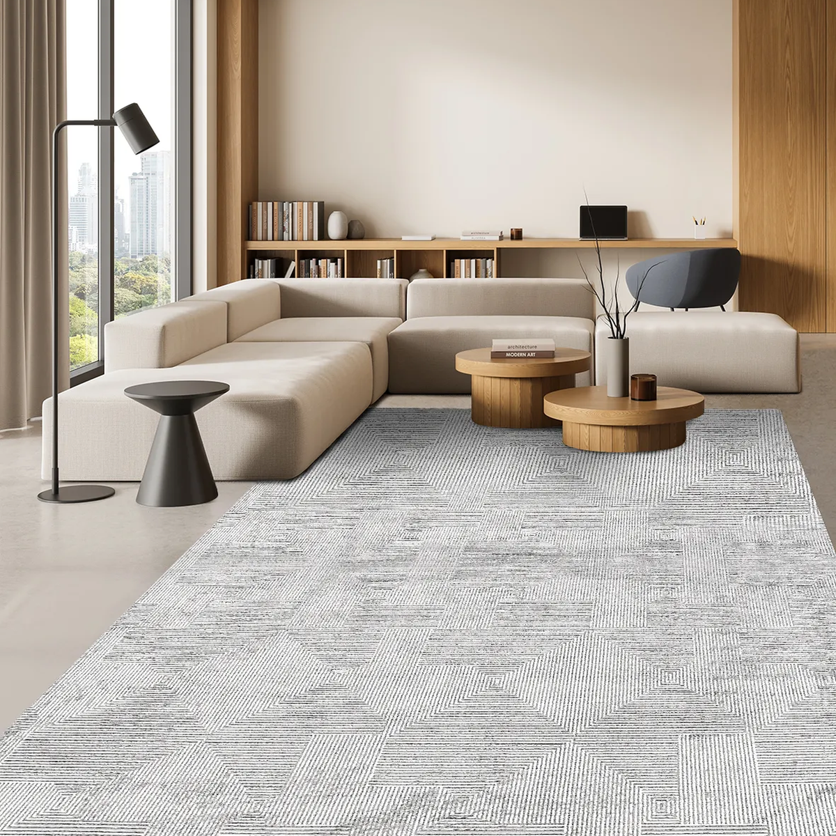 SHARED | Fell Modern Geometric Light Grey Ivory Machine Woven Living  photo 1