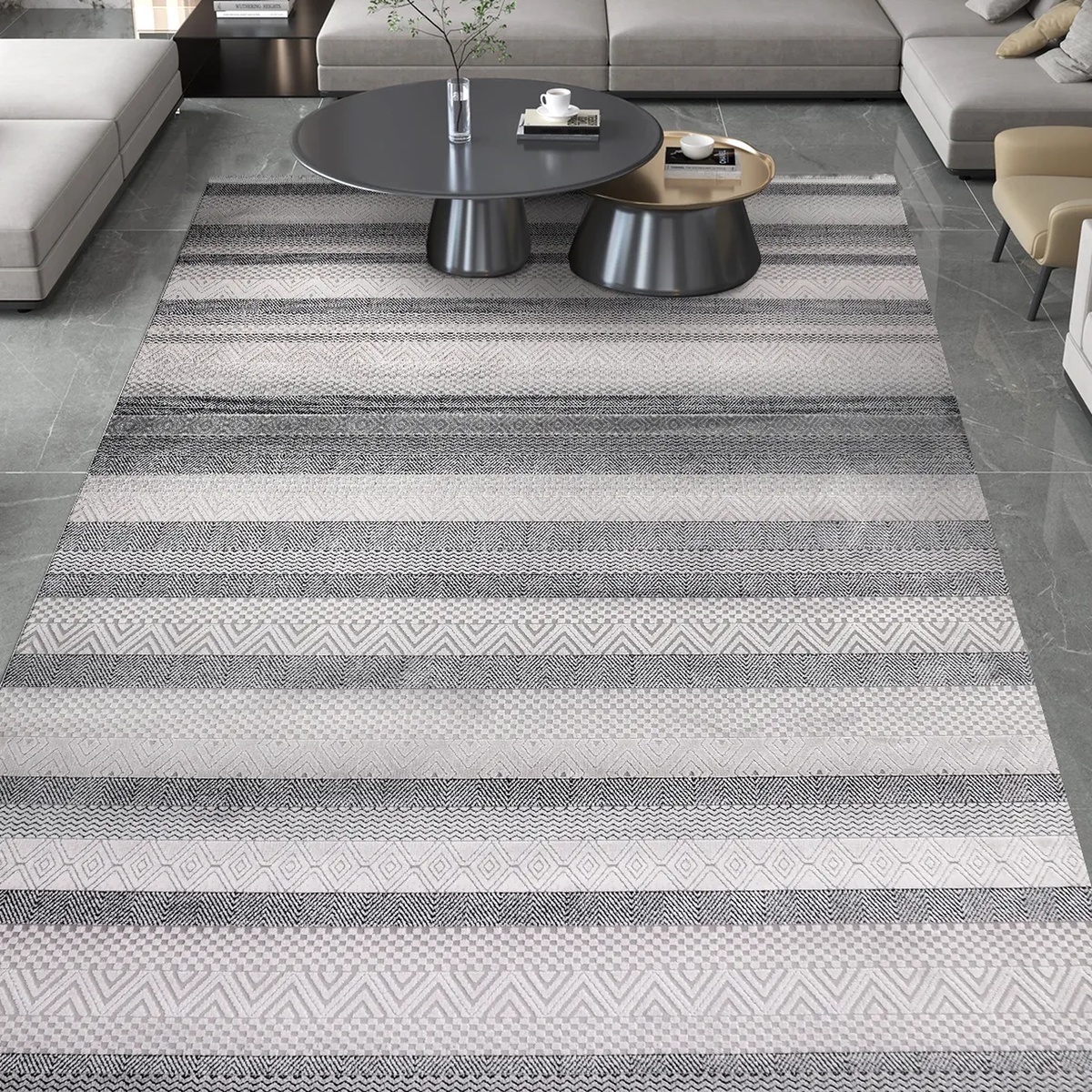 SHARED | Holt Grey Cream Striped Modern Machine Woven Living Room Bed photo 1