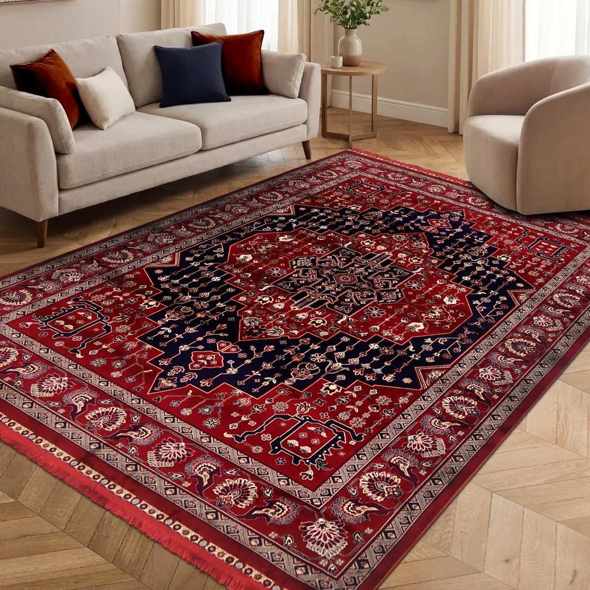 SHARED | Talc Persian Style Traditional Medallion Red Navy Cream Livi photo 1