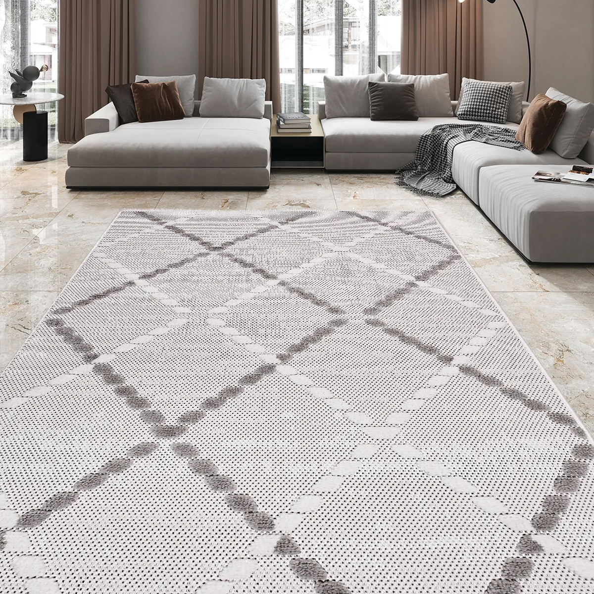 SHARED | Betony Cream Grey Moroccan Style Diamond Trellis Machine Wov photo 1