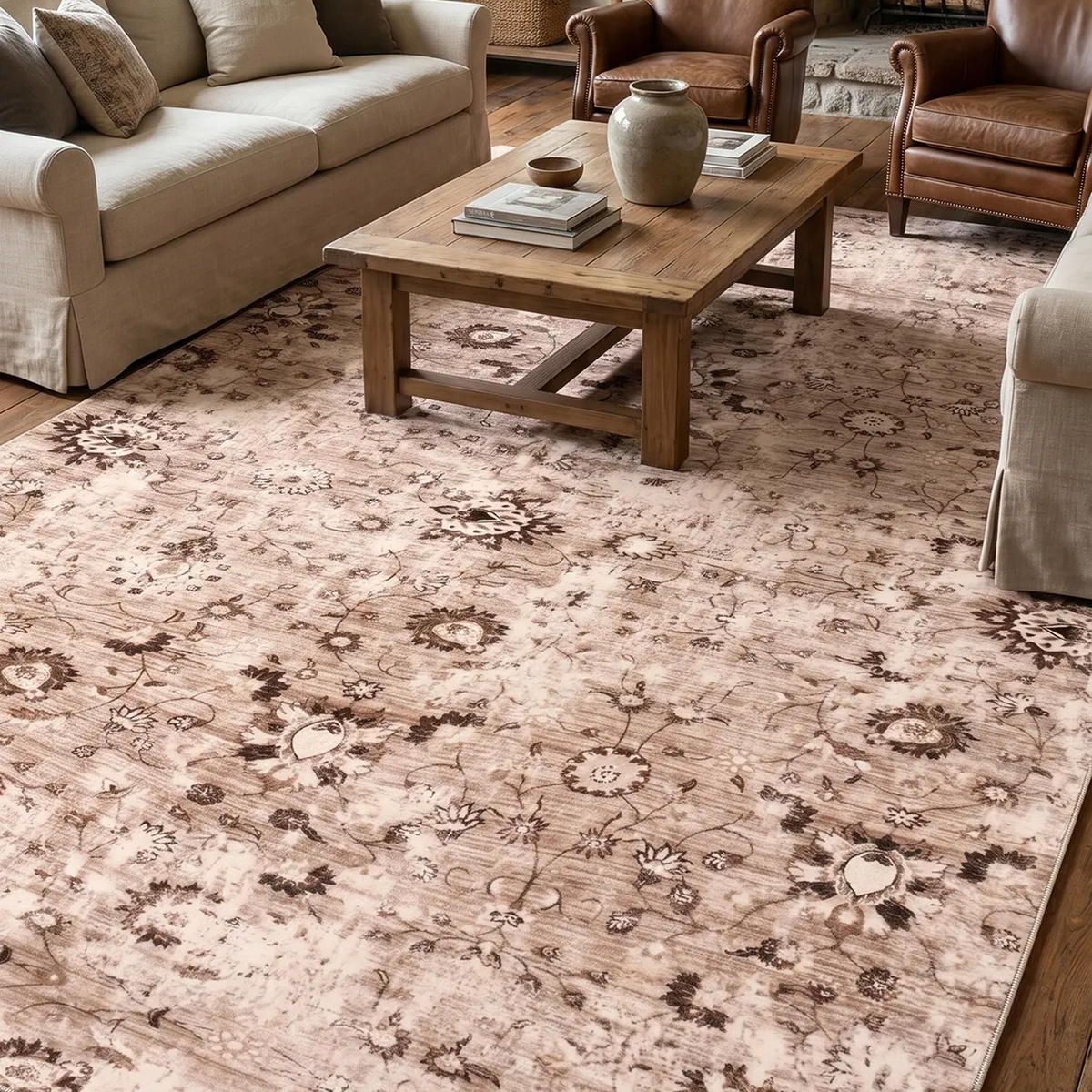 SHARED | Crag Distressed Floral Traditional Machine Woven Beige Brown photo 1