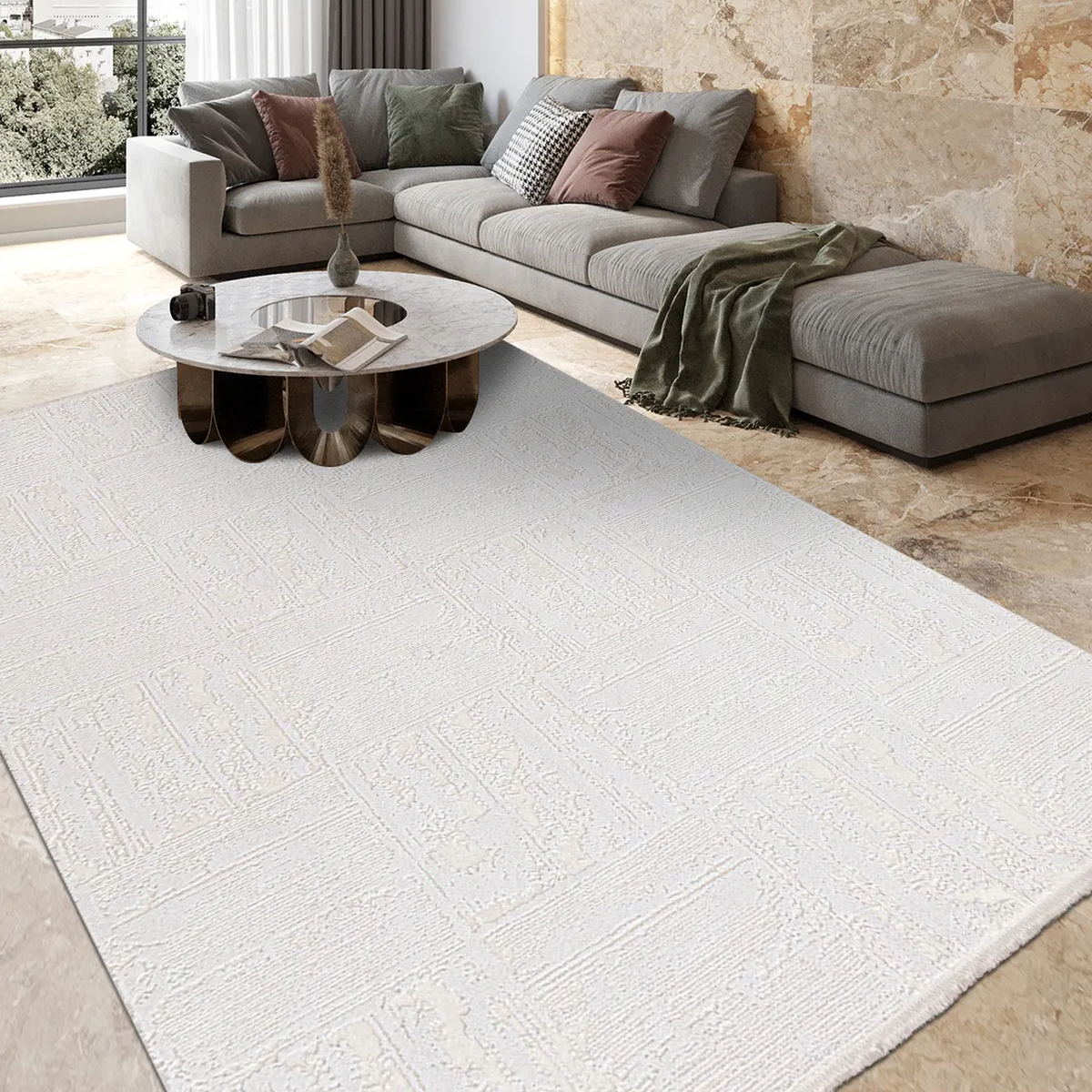 SHARED | Plateau Cream Modern Geometric Textured Machine Woven Living photo 1
