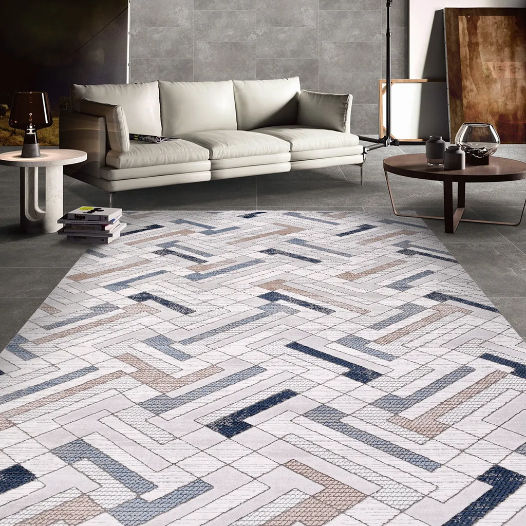 SHARED | Campion Cream Navy Geometric Maze Modern Machine Woven Livin photo 1