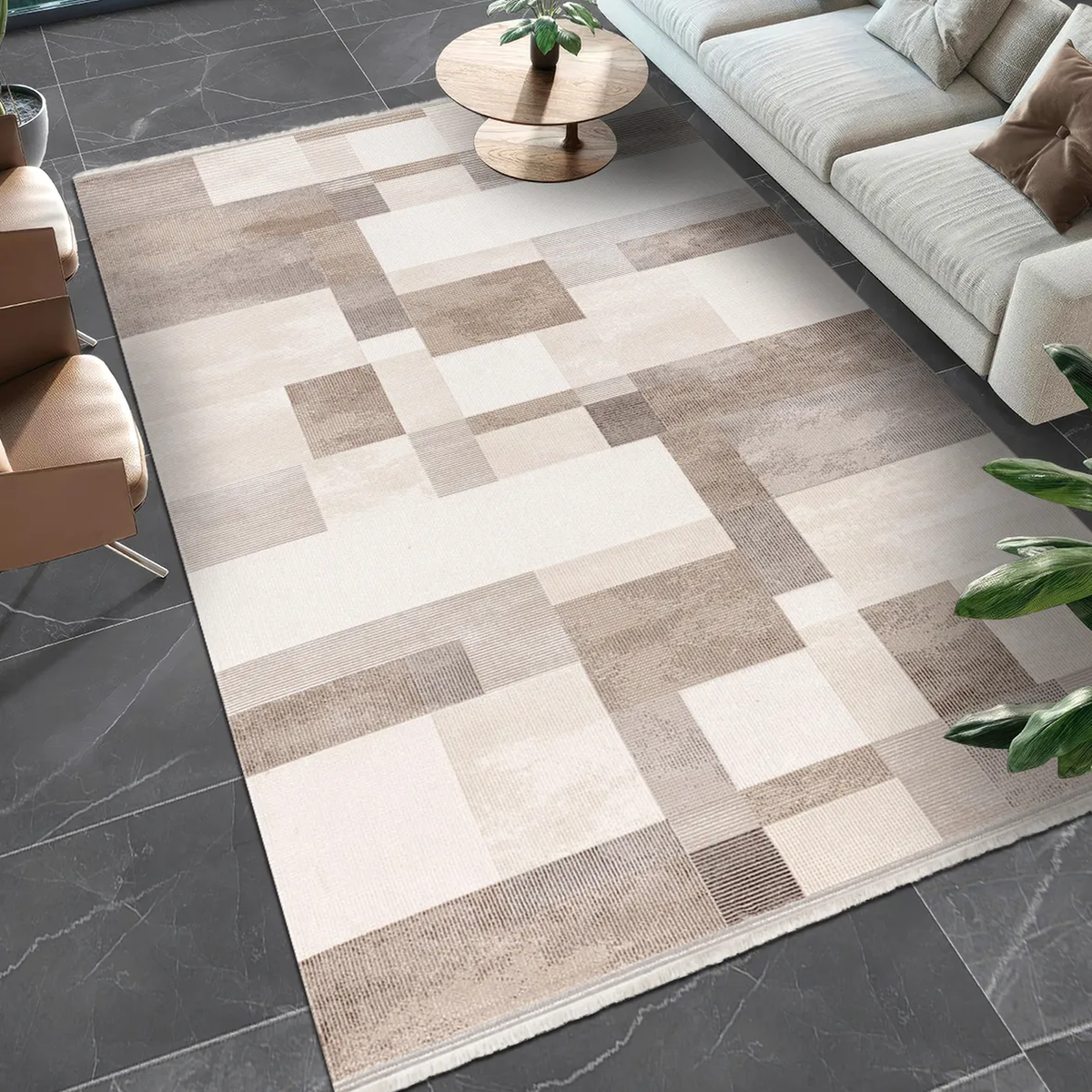 SHARED | Aster Modern Geometric Beige Cream Taupe Machine Woven Livin photo 1