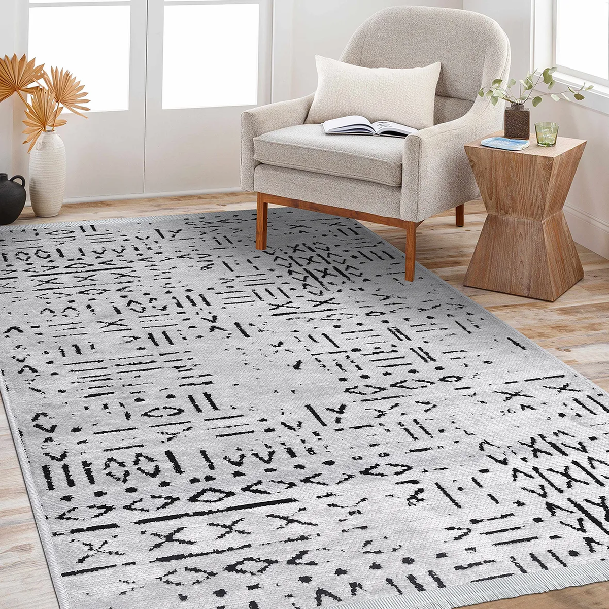 SHARED | Larch Moroccan Style Tribal Boho Light Grey Black Machine Wo photo 1