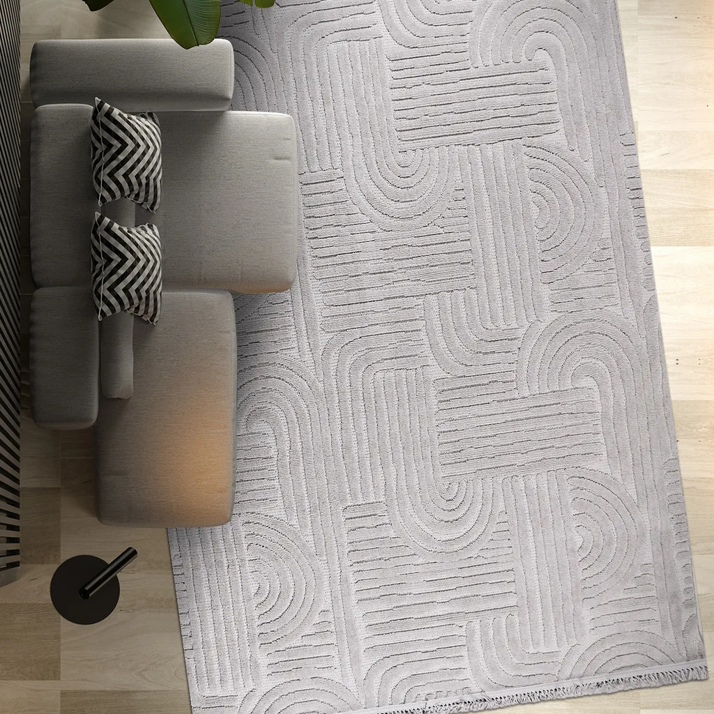 SHARED | Letoon Modern Geometric Light Grey Ivory Carved High-Low Liv photo 1