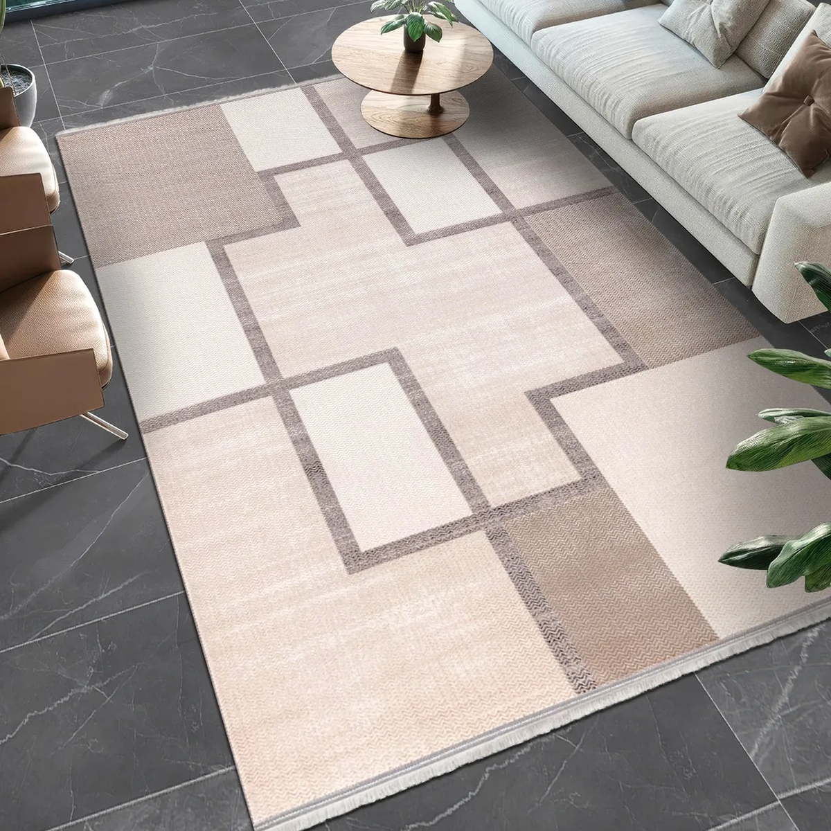 SHARED | Ashford Cream Beige Modern Geometric Machine Woven Living Ro photo 1