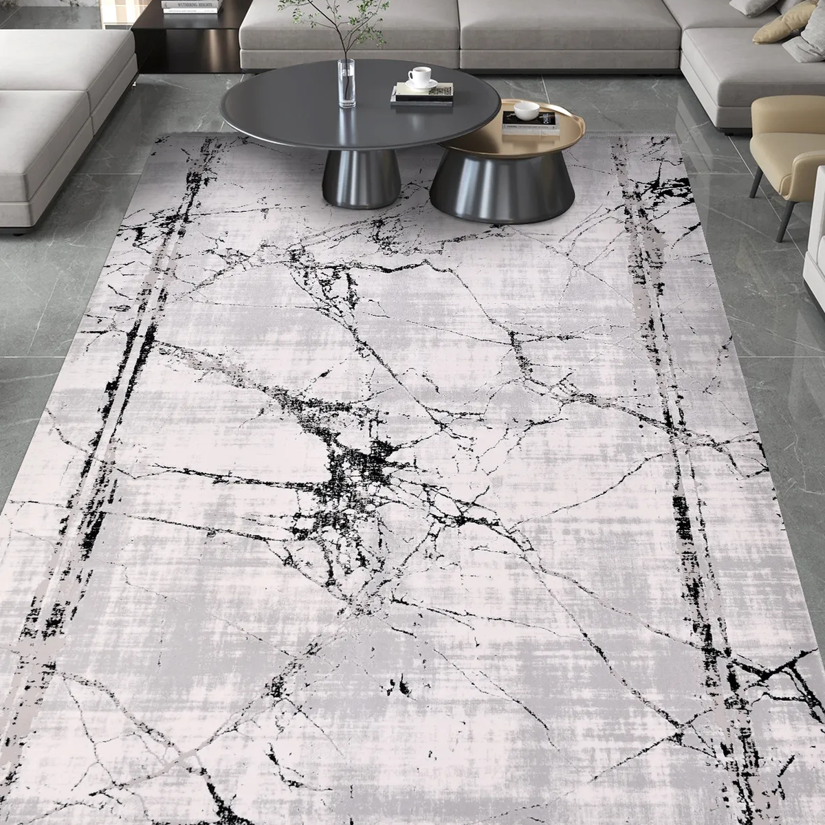 SHARED | Shingle Modern Abstract Marble Effect Light Grey Cream Black photo 1