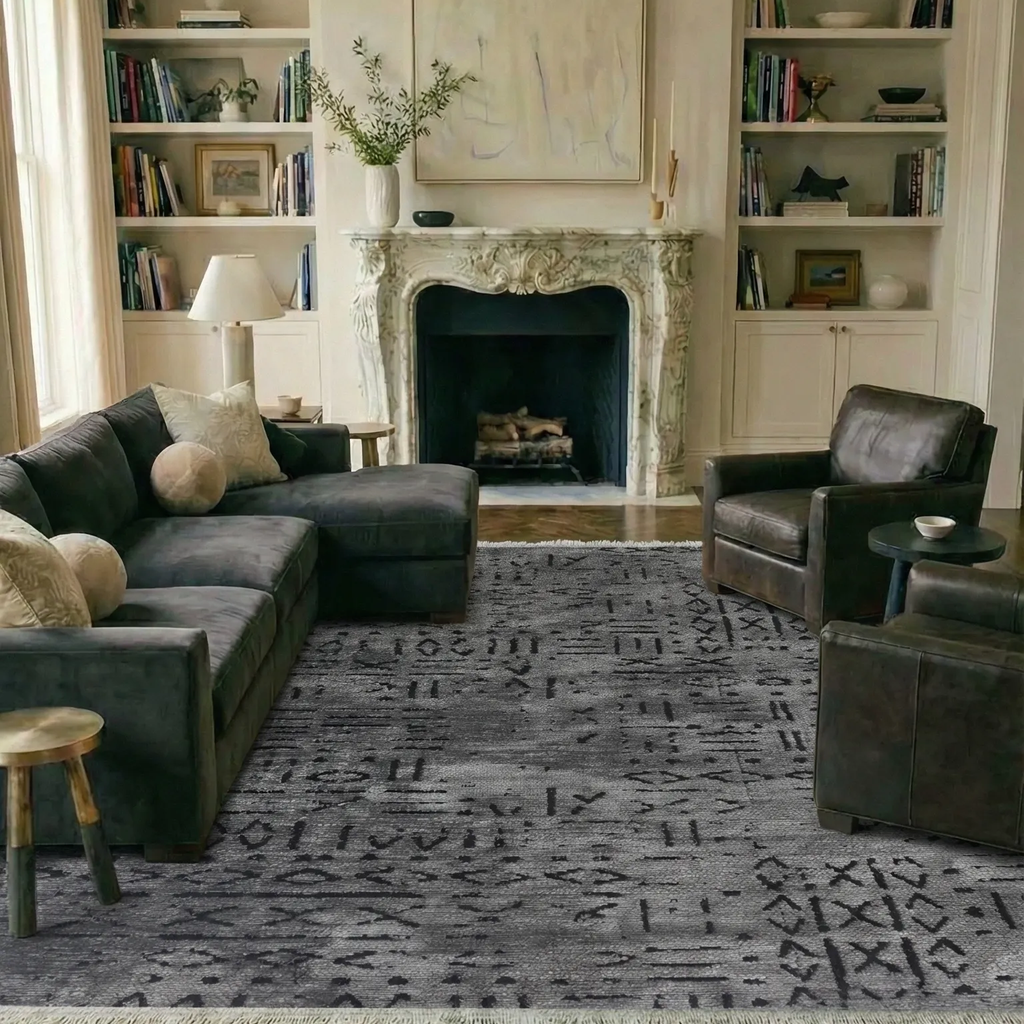 SHARED | Lichen Charcoal Grey Boho Geometric Tribal Print Machine Wov photo 1