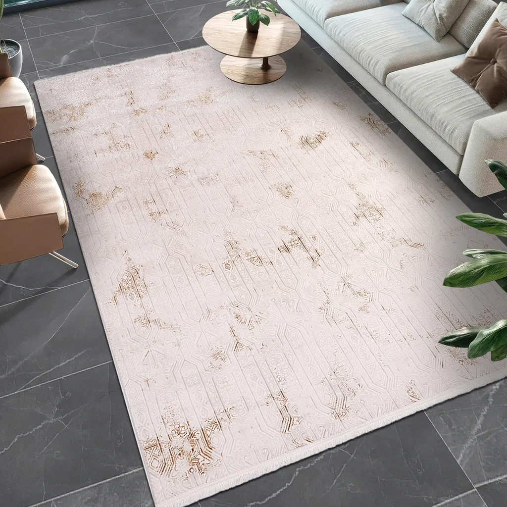 SHARED | Riven Cream Gold Abstract Glam Machine Woven Living Room Bed photo 1