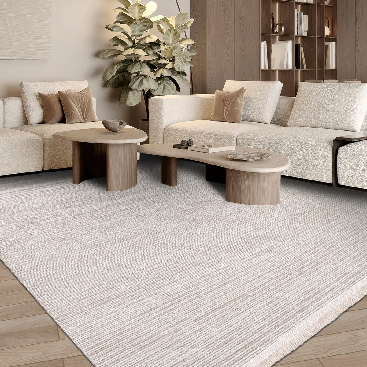 SHARED | Scree Cream Beige Modern Striped Machine Woven Living Room B photo 1