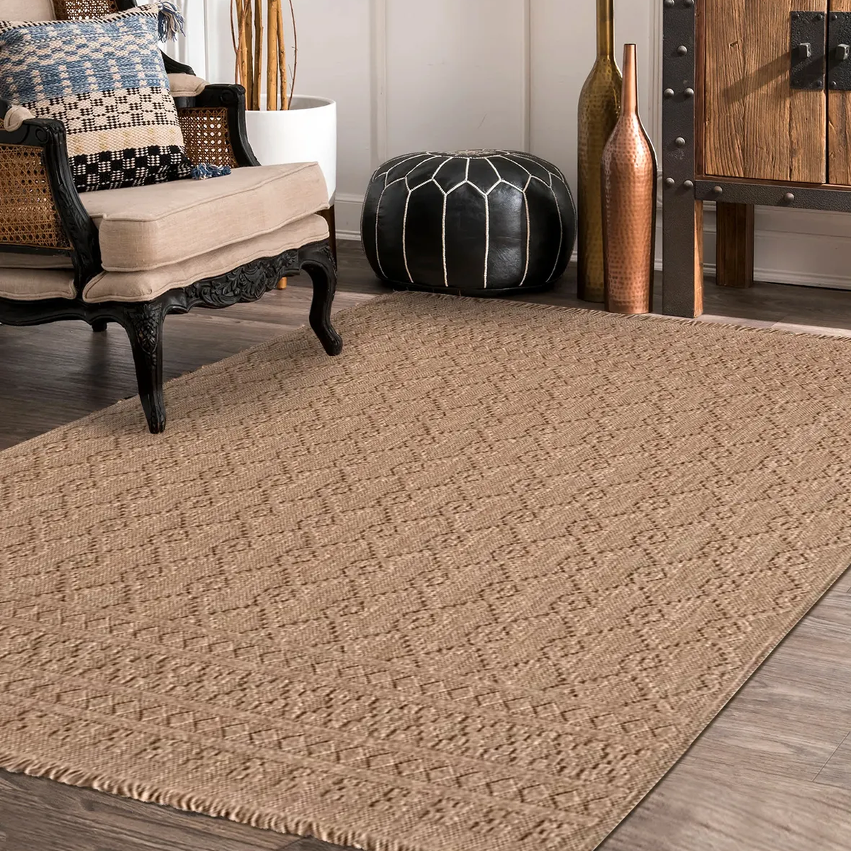 SHARED | Yarrow Tan Boho Geometric Diamond Machine Woven Living Room  photo 2