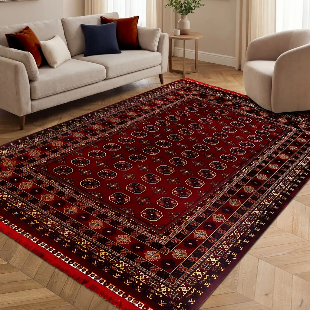 SHARED | Spinel Persian Style Traditional Machine Woven Red Navy Crea photo 3