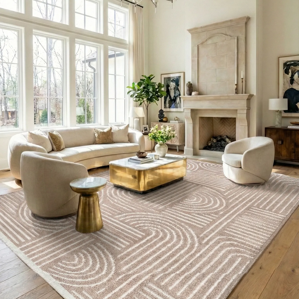 SHARED | Cranberry Beige Cream Modern Geometric Carved Arch Machine W photo 7