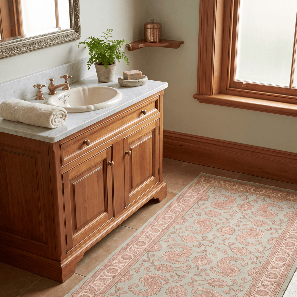 Spinney2 Traditional Floral Border Sage Ivory Rose Washable Indoor Outdoor Entryway Rug - RugzellaDigital Print RugRugzellaRugzellaBBB445-RECT-24x47-60x120cmRGZLLA137906Rectangle2' x 3'11" (60x120 cm)RUNNER | Spinney2 runner bathroom