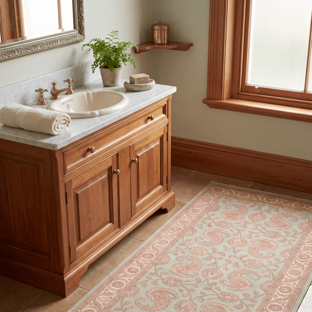 Spinney2 Traditional Floral Border Sage Ivory Rose Washable Indoor Outdoor Entryway Rug - RugzellaDigital Print RugRugzellaRugzellaBBB445-RECT-24x47-60x120cmRGZLLA137906Rectangle2' x 3'11" (60x120 cm)RUNNER | Spinney2 runner bathroom