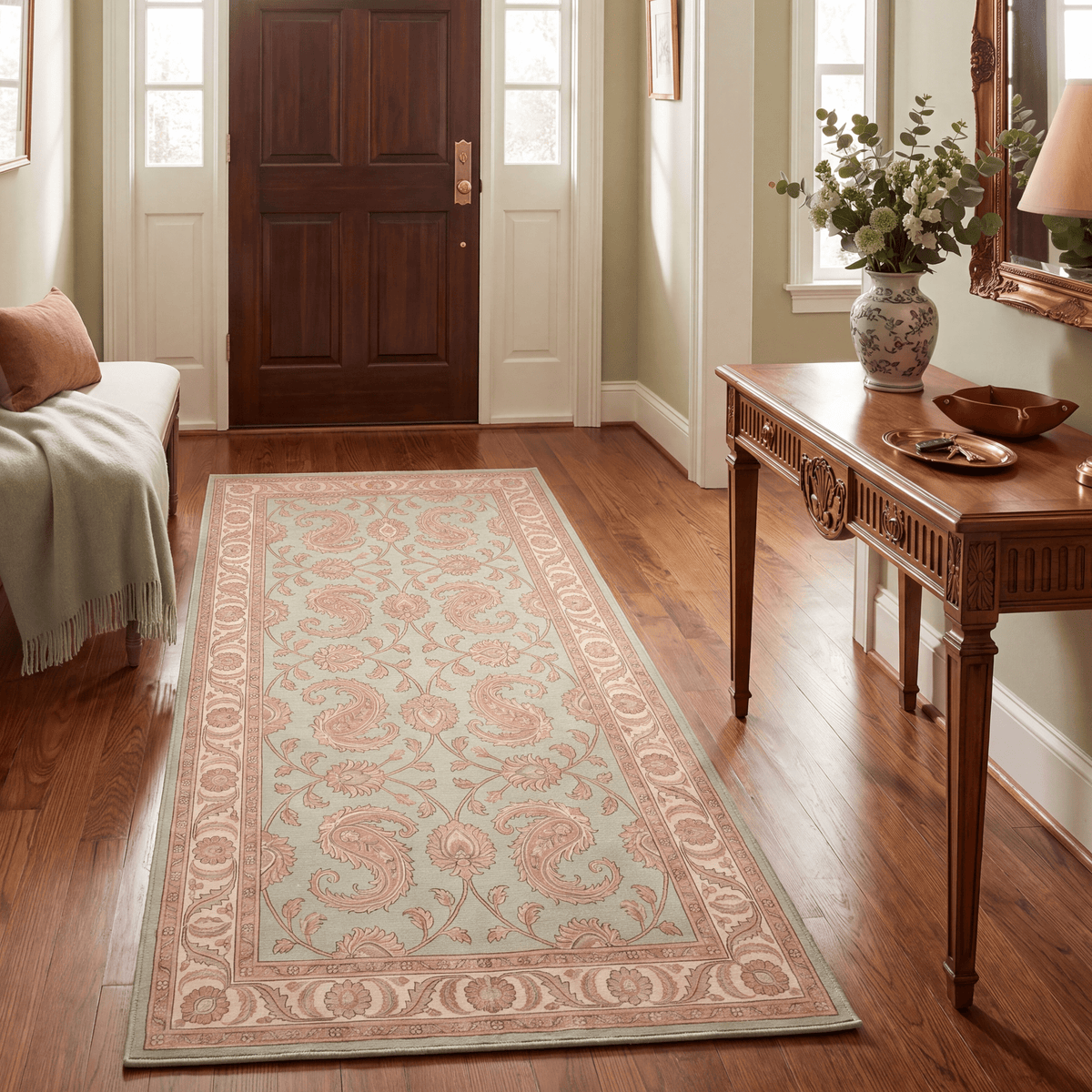 Spinney2 Traditional Floral Border Sage Ivory Rose Washable Indoor Outdoor Entryway Rug - RugzellaDigital Print RugRugzellaRugzellaBBB445-RECT-24x47-60x120cmRGZLLA137906Rectangle2' x 3'11" (60x120 cm)RUNNER | Spinney2 runner entryway