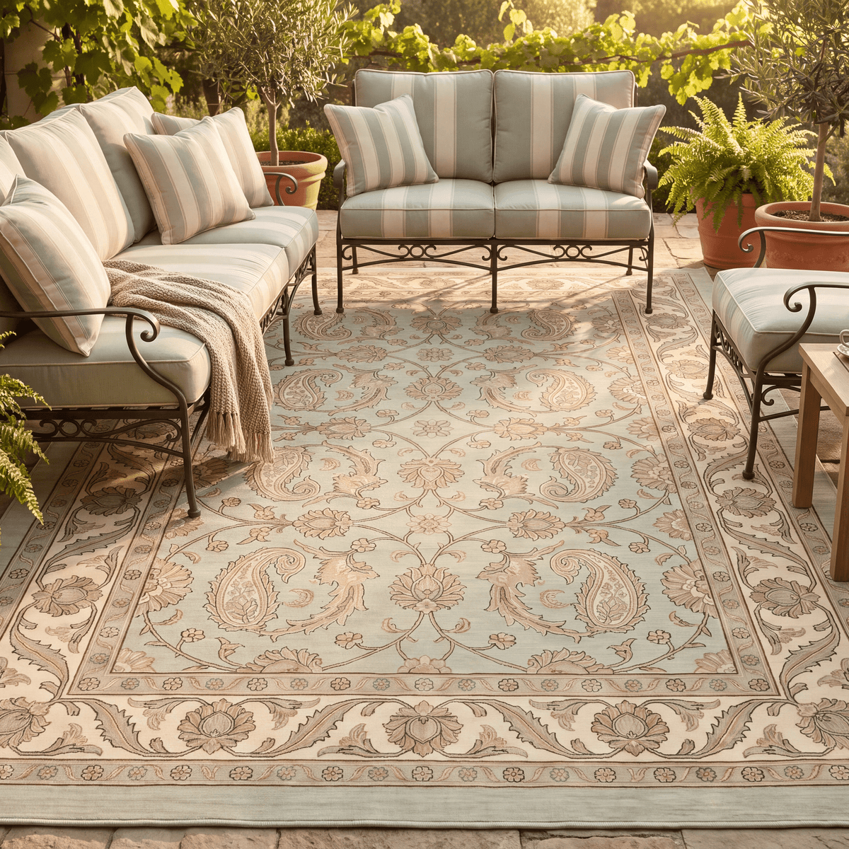 The rug laid flat on a patio beside outdoor seating.