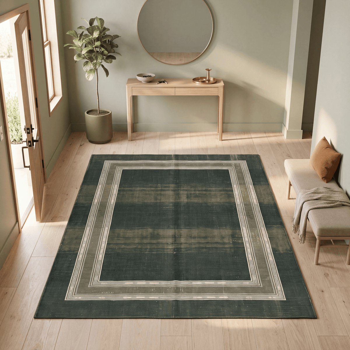 Springhead Modern Minimalist Border Forest Green Moss Bone Washable Indoor Outdoor Entryway Rug - RugzellaDigital Print RugRugzellaRugzellaBBB474-RECT-24x47-60x120cmRGZLLA141256Rectangle2' x 3'11" (60x120 cm)RECTANGLE | Springhead rectangle entryway