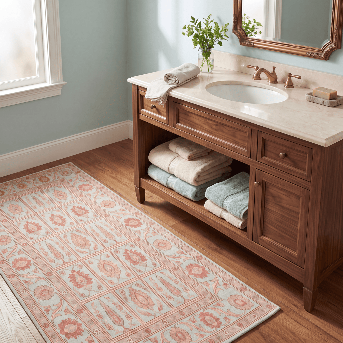 Spur2 Traditional Oriental Style Medallion Teal Ivory Rust Washable Indoor Outdoor Entryway Rug - RugzellaDigital Print RugRugzellaRugzellaBBB446-RECT-24x47-60x120cmRGZLLA101056Rectangle2' x 3'11" (60x120 cm)RUNNER | Spur2 runner bathroom
