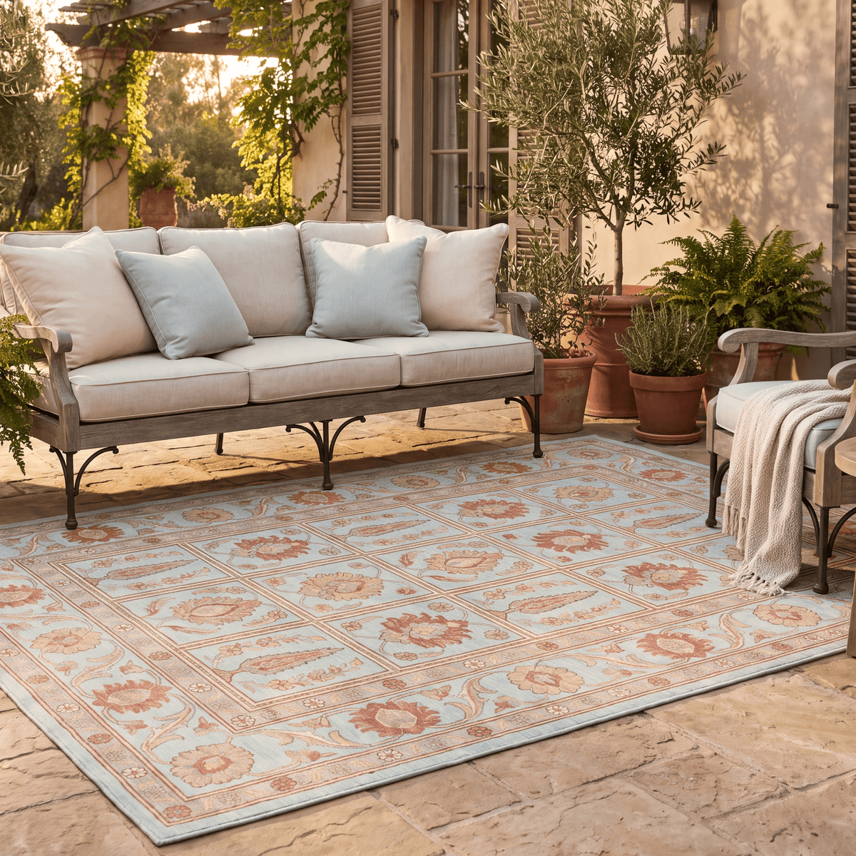 The rug laid flat on a patio beside outdoor seating.