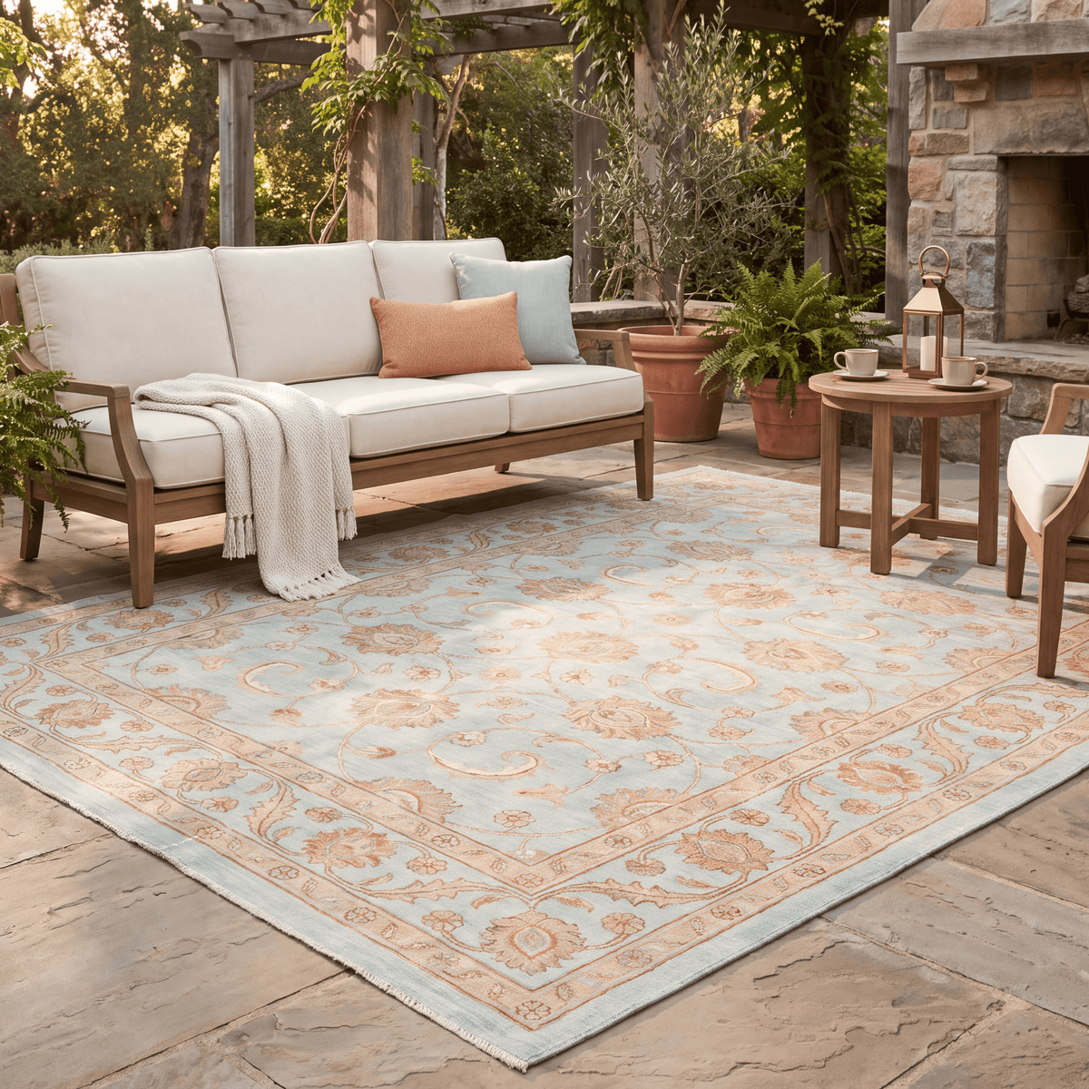 The rug laid flat on a patio beside outdoor seating.