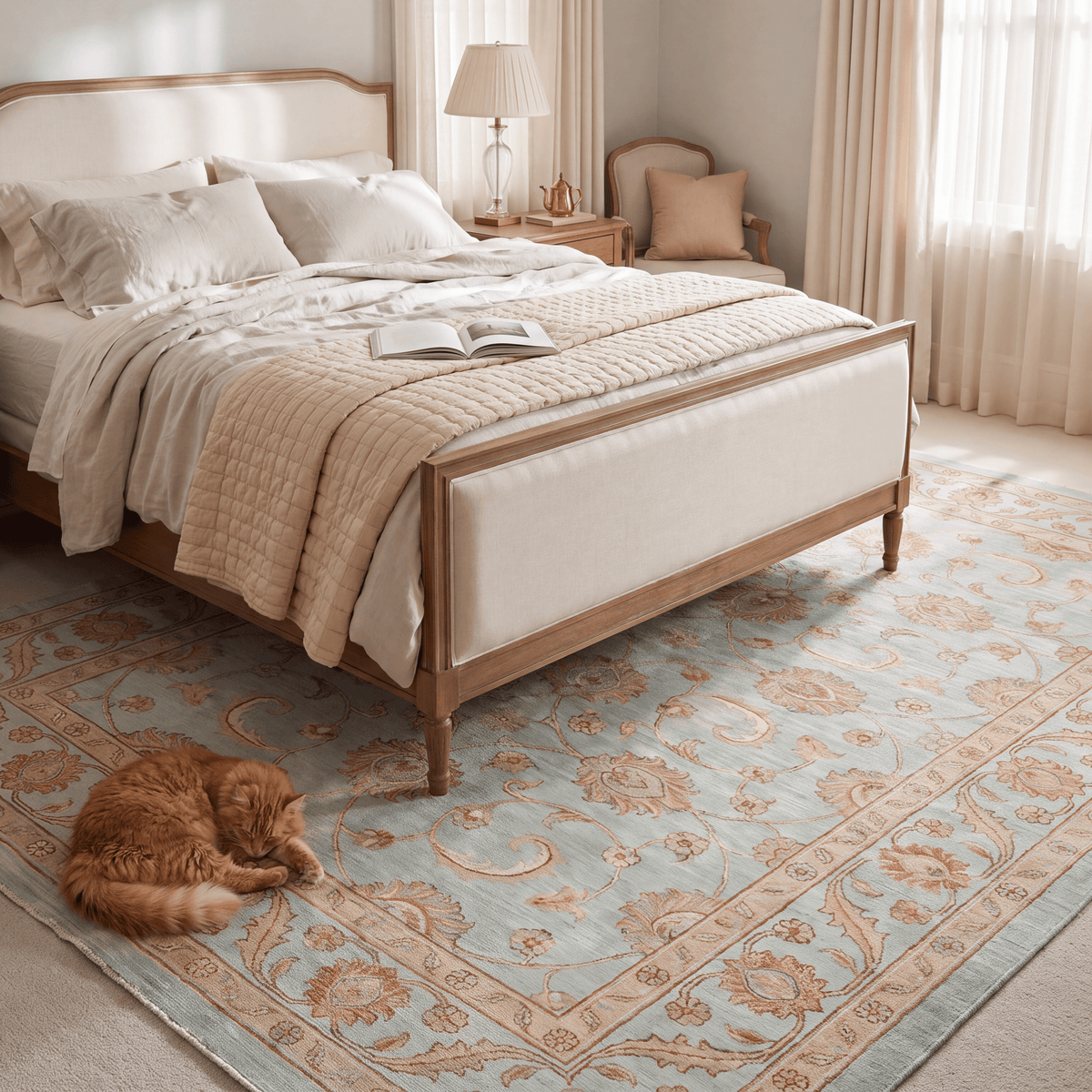 The rug at the foot of a bed with a cat asleep on it.