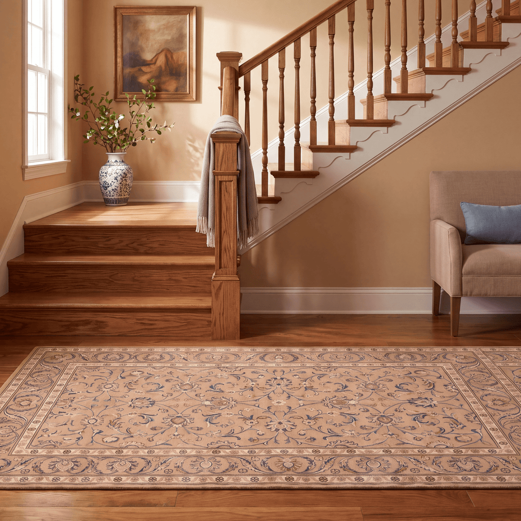 Tidal2 Traditional Floral Border Camel Cream Indigo Washable Indoor Outdoor Entryway Rug - RugzellaDigital Print RugRugzellaRugzellaBBB386-RECT-24x47-60x120cmRGZLLA112111Rectangle2' x 3'11" (60x120 cm)RUNNER | Tidal2 runner staircase