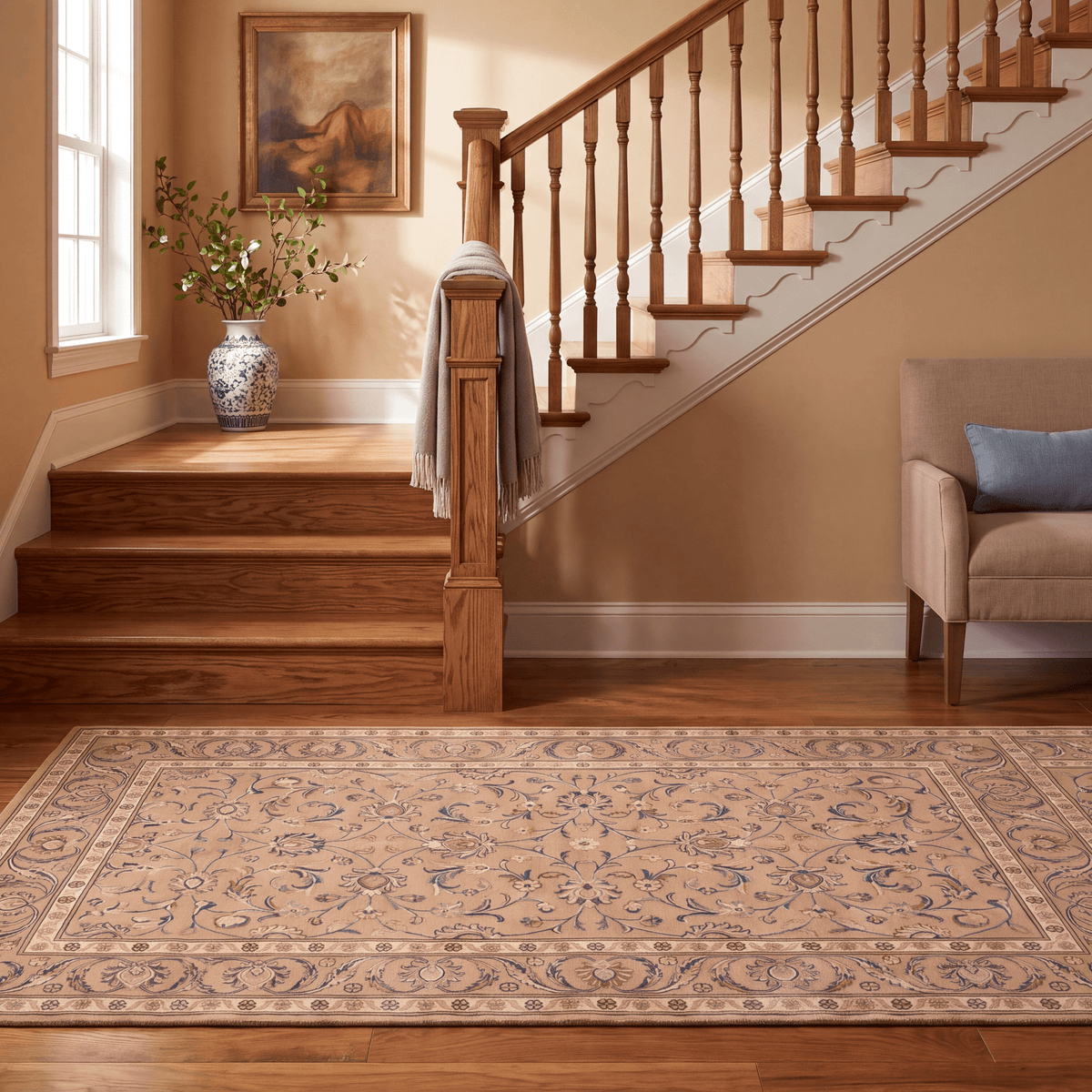 Tidal2 Traditional Floral Border Camel Cream Indigo Washable Indoor Outdoor Entryway Rug - RugzellaDigital Print RugRugzellaRugzellaBBB386-RECT-24x47-60x120cmRGZLLA112111Rectangle2' x 3'11" (60x120 cm)RUNNER | Tidal2 runner staircase