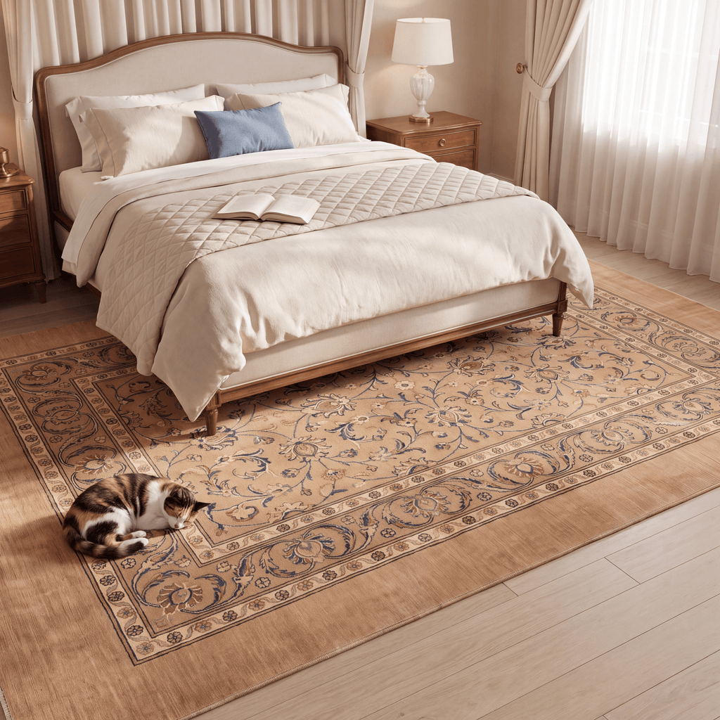 Tidal2 Traditional Floral Border Camel Cream Indigo Washable Indoor Outdoor Entryway Rug - RugzellaDigital Print RugRugzellaRugzellaBBB386-RECT-24x47-60x120cmRGZLLA112111Rectangle2' x 3'11" (60x120 cm)RECTANGLE | Tidal2 rectangle bedroom