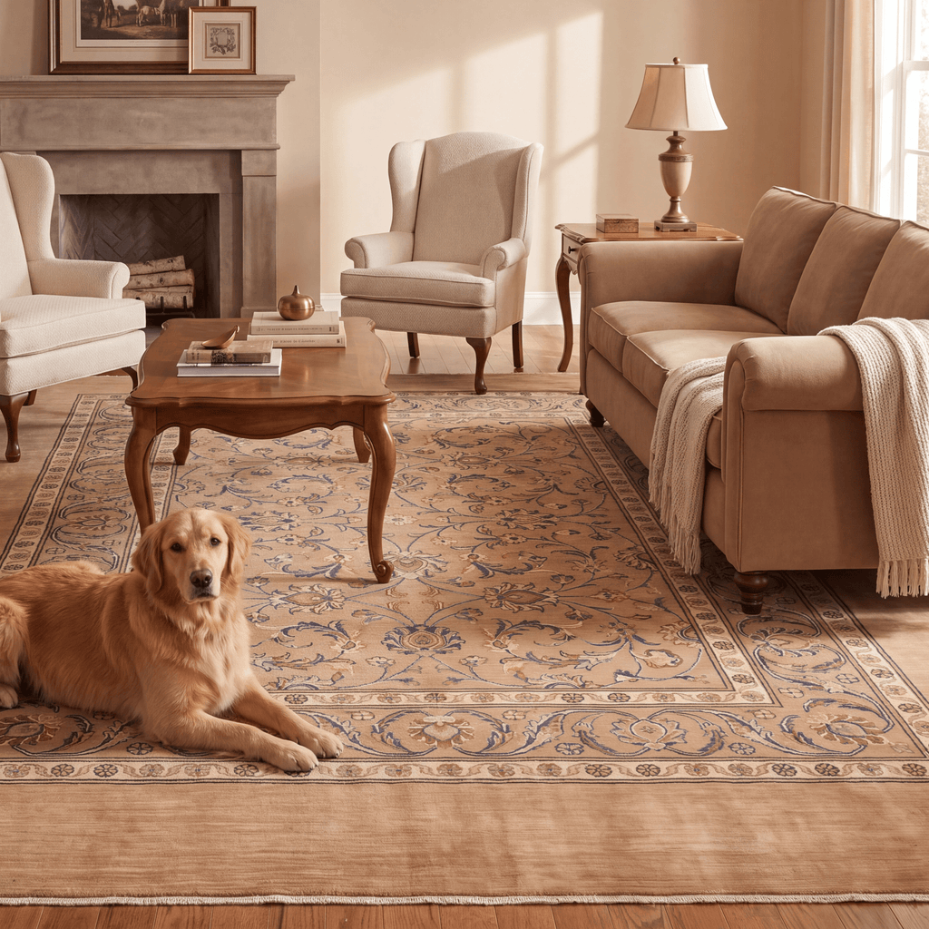 Tidal2 Traditional Floral Border Camel Cream Indigo Washable Indoor Outdoor Entryway Rug - RugzellaDigital Print RugRugzellaRugzellaBBB386-RECT-24x47-60x120cmRGZLLA112111Rectangle2' x 3'11" (60x120 cm)RECTANGLE | Tidal2 rectangle livingroom