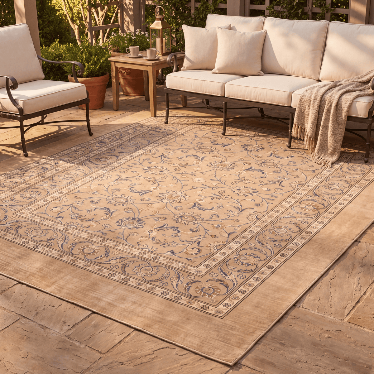 Tidal2 Traditional Floral Border Camel Cream Indigo Washable Indoor Outdoor Entryway Rug - RugzellaDigital Print RugRugzellaRugzellaBBB386-RECT-24x47-60x120cmRGZLLA112111Rectangle2' x 3'11" (60x120 cm)RECTANGLE | Tidal2 rectangle outdoor
