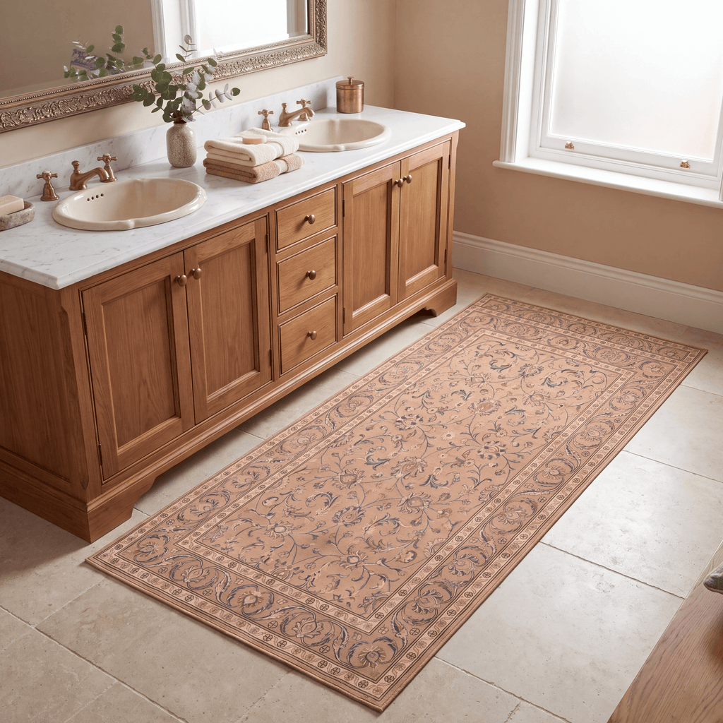 Tidal2 Traditional Floral Border Camel Cream Indigo Washable Indoor Outdoor Entryway Rug - RugzellaDigital Print RugRugzellaRugzellaBBB386-RECT-24x47-60x120cmRGZLLA112111Rectangle2' x 3'11" (60x120 cm)RUNNER | Tidal2 runner bathroom