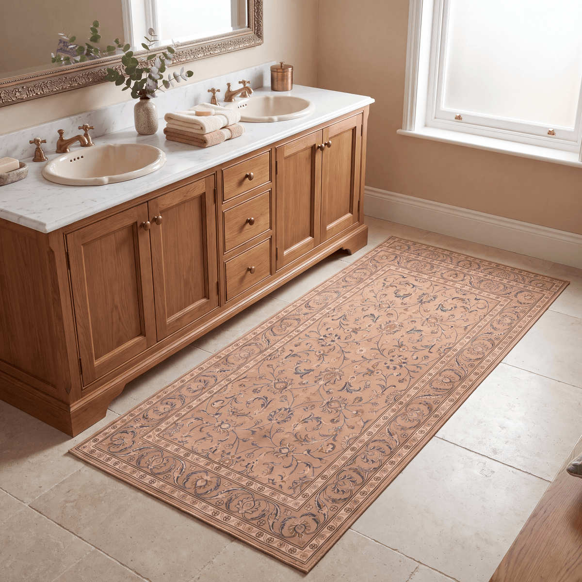 Tidal2 Traditional Floral Border Camel Cream Indigo Washable Indoor Outdoor Entryway Rug - RugzellaDigital Print RugRugzellaRugzellaBBB386-RECT-24x47-60x120cmRGZLLA112111Rectangle2' x 3'11" (60x120 cm)RUNNER | Tidal2 runner bathroom