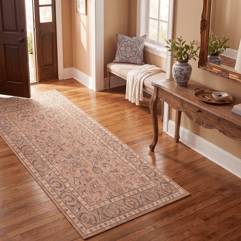 Tidal2 Traditional Floral Border Camel Cream Indigo Washable Indoor Outdoor Entryway Rug - RugzellaDigital Print RugRugzellaRugzellaBBB386-RECT-24x47-60x120cmRGZLLA112111Rectangle2' x 3'11" (60x120 cm)RUNNER | Tidal2 runner entryway