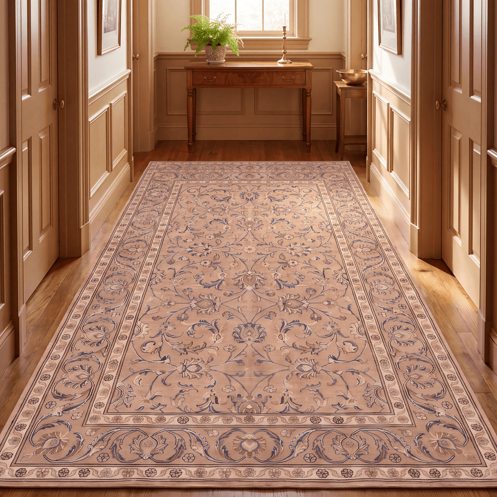 Tidal2 Traditional Floral Border Camel Cream Indigo Washable Indoor Outdoor Entryway Rug - RugzellaDigital Print RugRugzellaRugzellaBBB386-RECT-24x47-60x120cmRGZLLA112111Rectangle2' x 3'11" (60x120 cm)RUNNER | Tidal2 runner hallway
