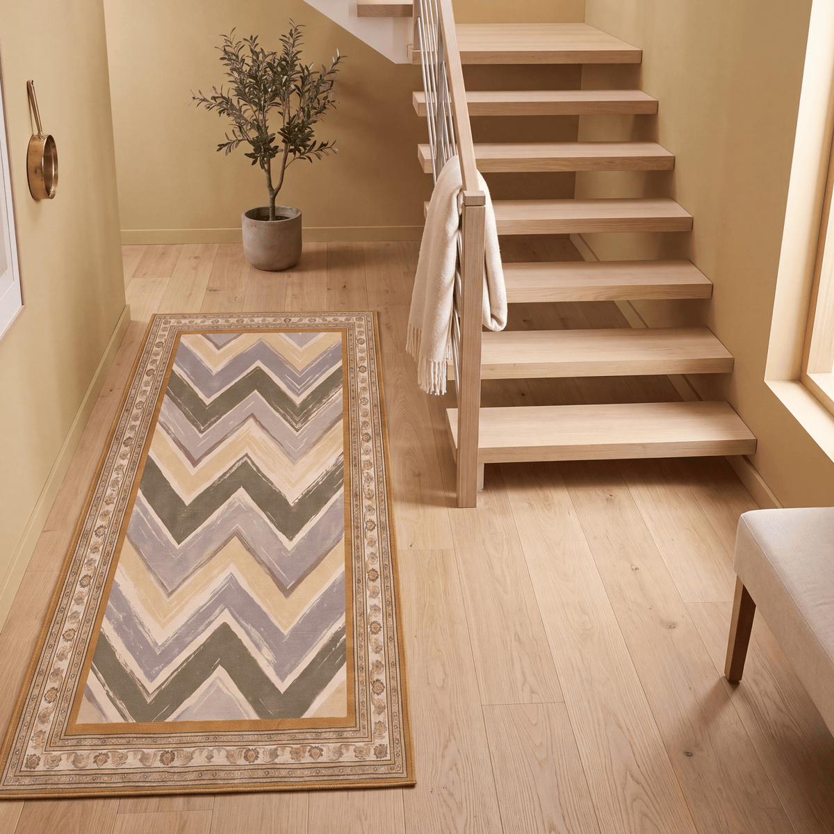 Trellis2 Modern Brushstroke Stripe Ochre Olive Stone Washable Indoor Outdoor Rug - RugzellaDigital Print RugRugzellaRugzellaBBB406-RECT-24x47-60x120cmRGZLLA117806Rectangle2' x 3'11" (60x120 cm)RUNNER | Trellis2 runner staircase