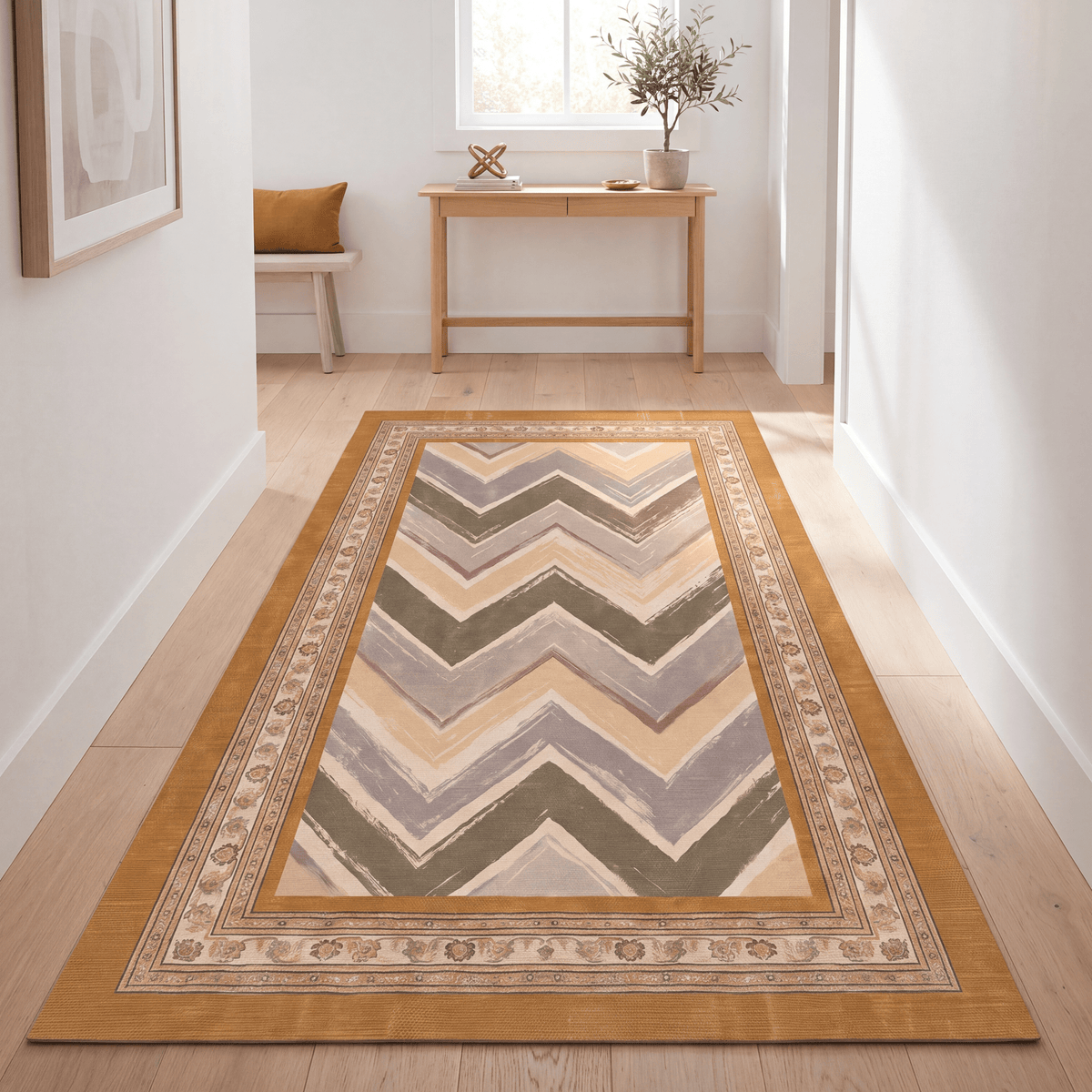 Trellis2 Modern Brushstroke Stripe Ochre Olive Stone Washable Indoor Outdoor Rug - RugzellaDigital Print RugRugzellaRugzellaBBB406-RECT-24x47-60x120cmRGZLLA117806Rectangle2' x 3'11" (60x120 cm)RUNNER | Trellis2 runner hallway