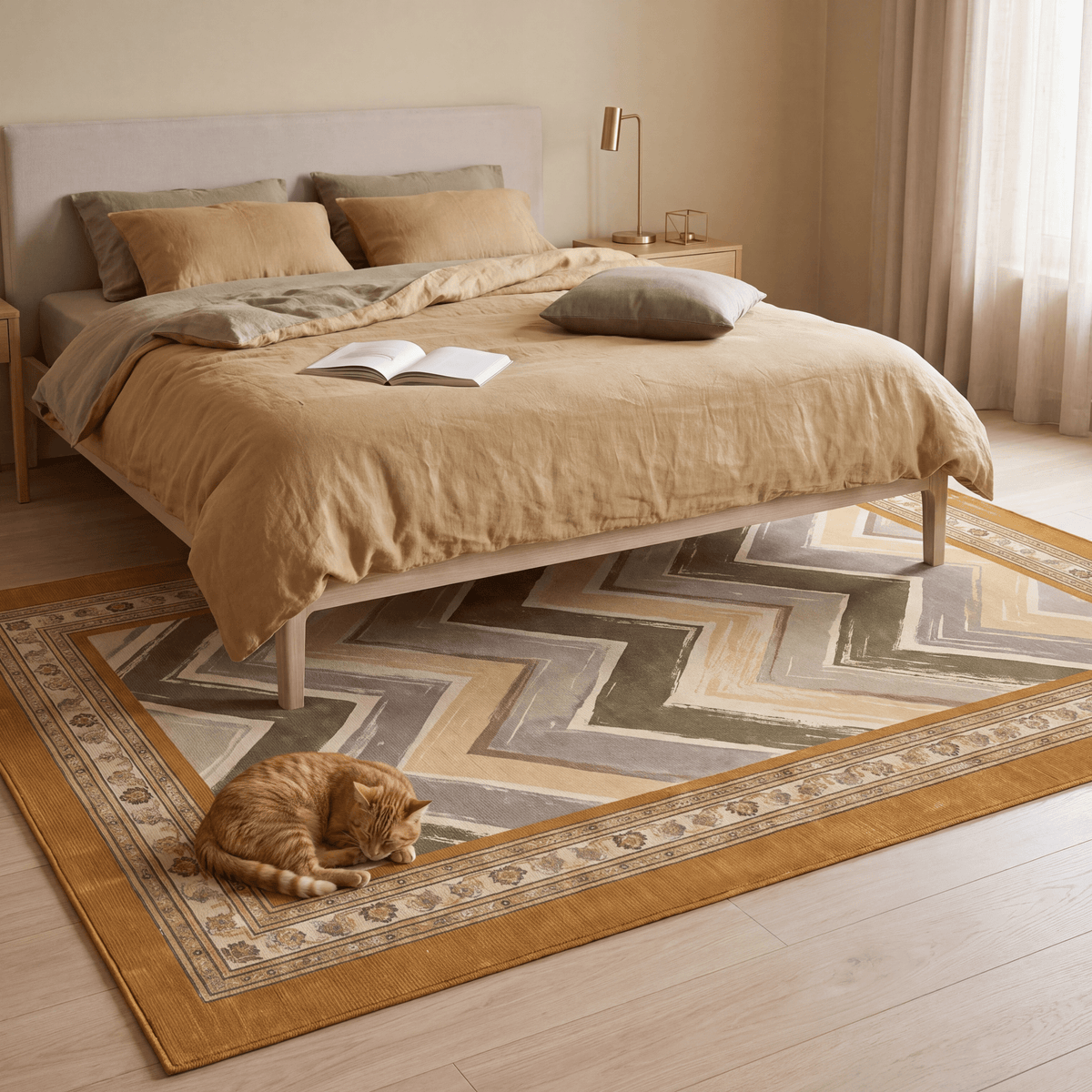 The rug at the foot of a bed with a cat asleep on it.