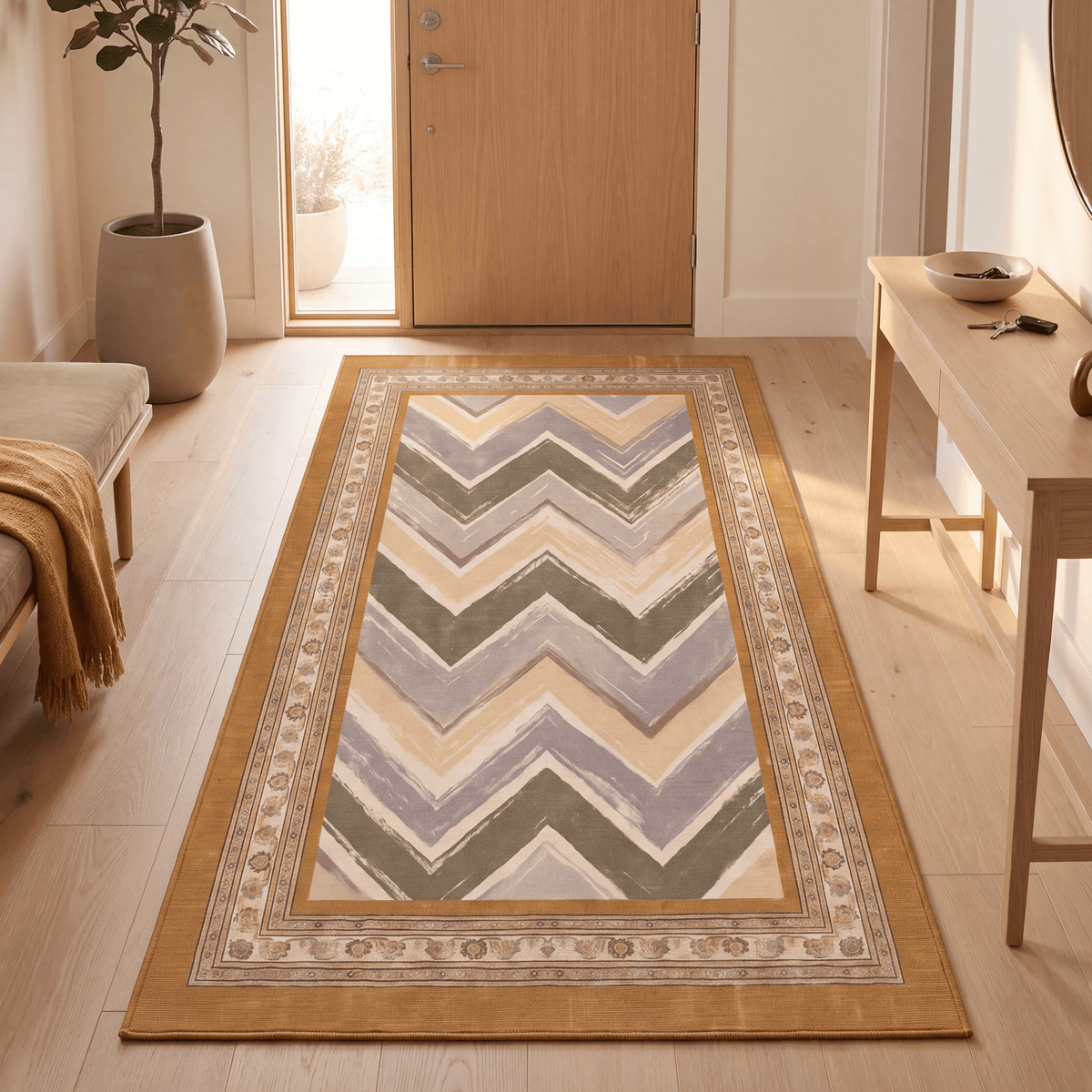 Trellis2 Modern Brushstroke Stripe Ochre Olive Stone Washable Indoor Outdoor Rug - RugzellaDigital Print RugRugzellaRugzellaBBB406-RECT-24x47-60x120cmRGZLLA117806Rectangle2' x 3'11" (60x120 cm)RUNNER | Trellis2 runner entryway