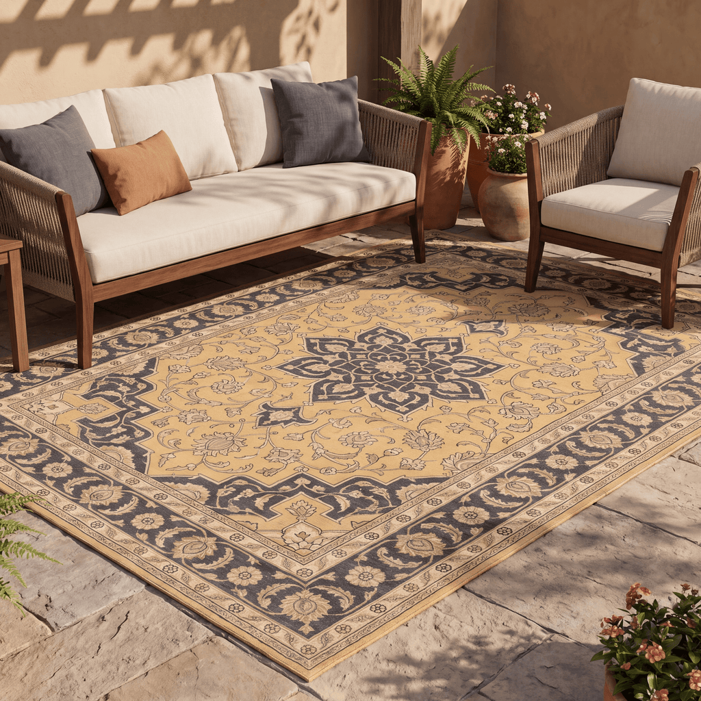 Twilight2 Traditional Medallion Border Mustard Charcoal Ivory Washable Indoor Outdoor Rug - RugzellaDigital Print RugRugzellaRugzellaBBB375-RECT-24x47-60x120cmRGZLLA108761Rectangle2' x 3'11" (60x120 cm)RECTANGLE | Twilight2 rectangle outdoor