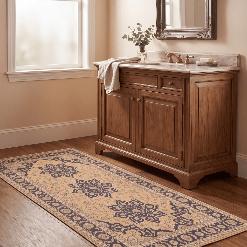 Twilight2 Traditional Medallion Border Mustard Charcoal Ivory Washable Indoor Outdoor Rug - RugzellaDigital Print RugRugzellaRugzellaBBB375-RECT-24x47-60x120cmRGZLLA108761Rectangle2' x 3'11" (60x120 cm)RUNNER | Twilight2 runner bathroom