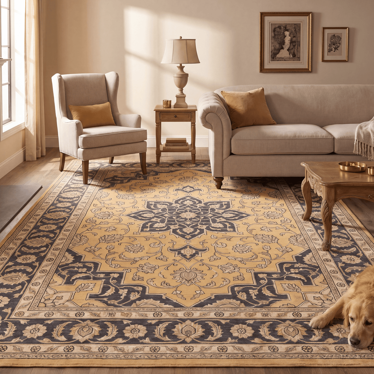 Twilight2 Traditional Medallion Border Mustard Charcoal Ivory Washable Indoor Outdoor Rug - RugzellaDigital Print RugRugzellaRugzellaBBB375-RECT-24x47-60x120cmRGZLLA108761Rectangle2' x 3'11" (60x120 cm)RECTANGLE | Twilight2 rectangle livingroom