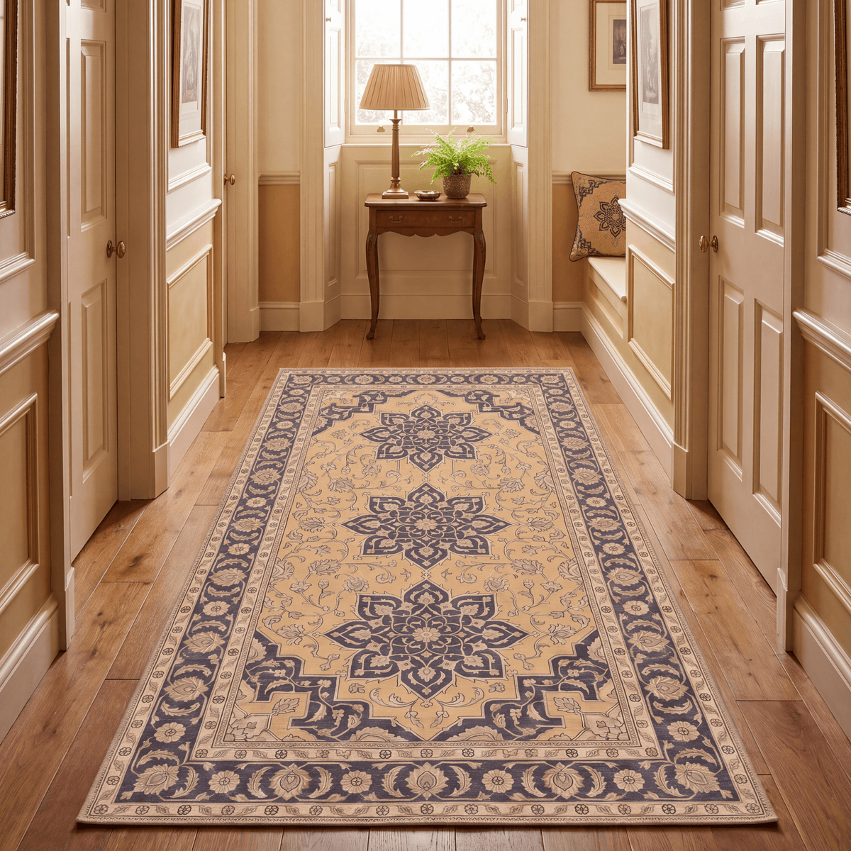 Twilight2 Traditional Medallion Border Mustard Charcoal Ivory Washable Indoor Outdoor Rug - RugzellaDigital Print RugRugzellaRugzellaBBB375-RECT-24x47-60x120cmRGZLLA108761Rectangle2' x 3'11" (60x120 cm)RUNNER | Twilight2 runner hallway