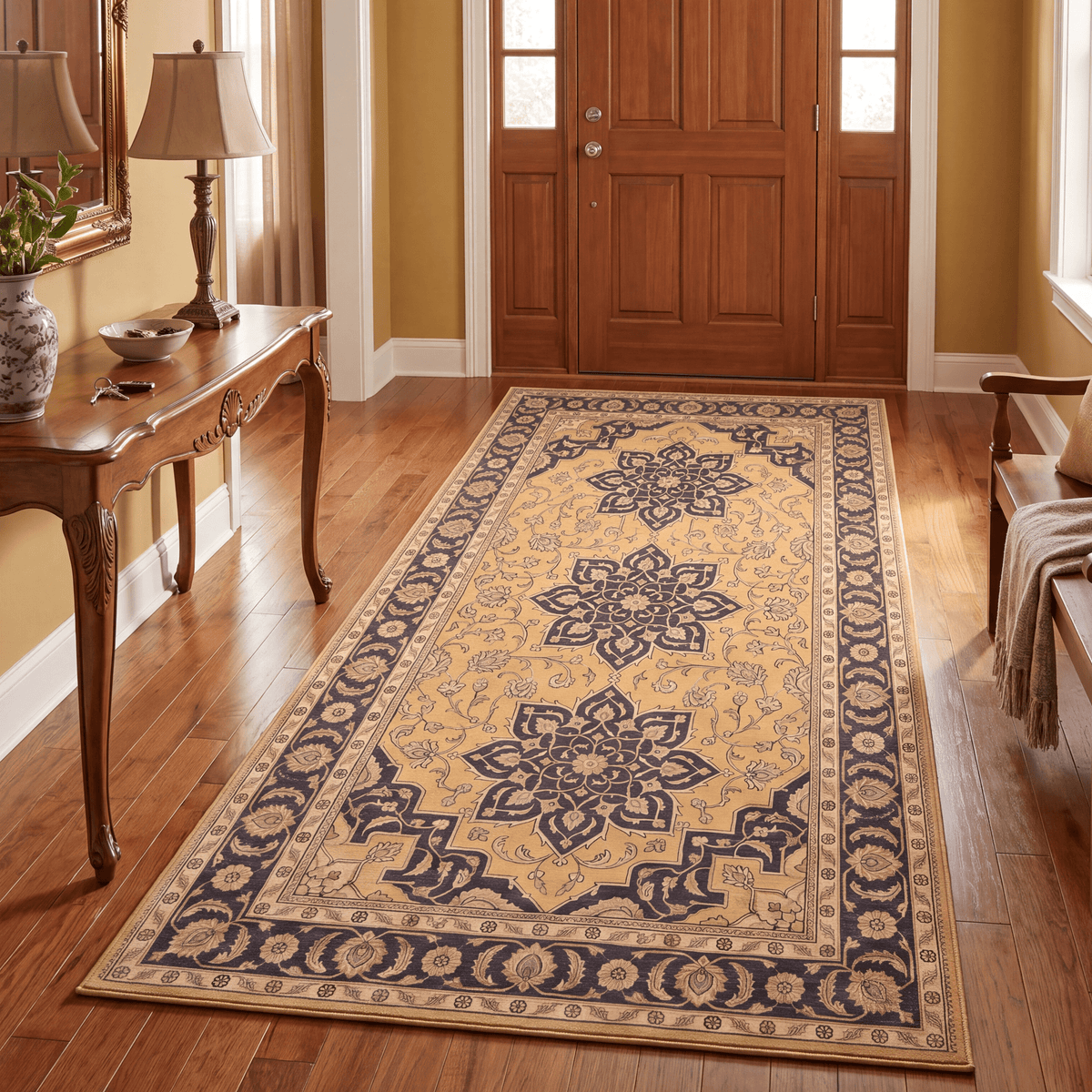 Twilight2 Traditional Medallion Border Mustard Charcoal Ivory Washable Indoor Outdoor Rug - RugzellaDigital Print RugRugzellaRugzellaBBB375-RECT-24x47-60x120cmRGZLLA108761Rectangle2' x 3'11" (60x120 cm)RUNNER | Twilight2 runner entryway