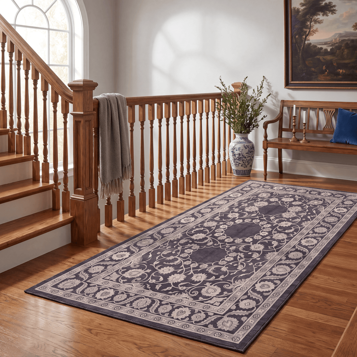 Veranda2 Traditional Medallion Border Charcoal Gray Ivory Washable Indoor Outdoor Rug - RugzellaDigital Print RugRugzellaRugzellaBBB400-RECT-24x47-60x120cmRGZLLA115796Rectangle2' x 3'11" (60x120 cm)RUNNER | Veranda2 runner staircase