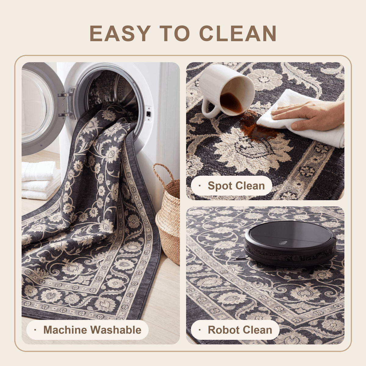 Veranda2 Traditional Medallion Border Charcoal Gray Ivory Washable Indoor Outdoor Rug - RugzellaDigital Print RugRugzellaRugzellaBBB400-RECT-24x47-60x120cmRGZLLA115796Rectangle2' x 3'11" (60x120 cm)SHARED | Veranda2 feature clean