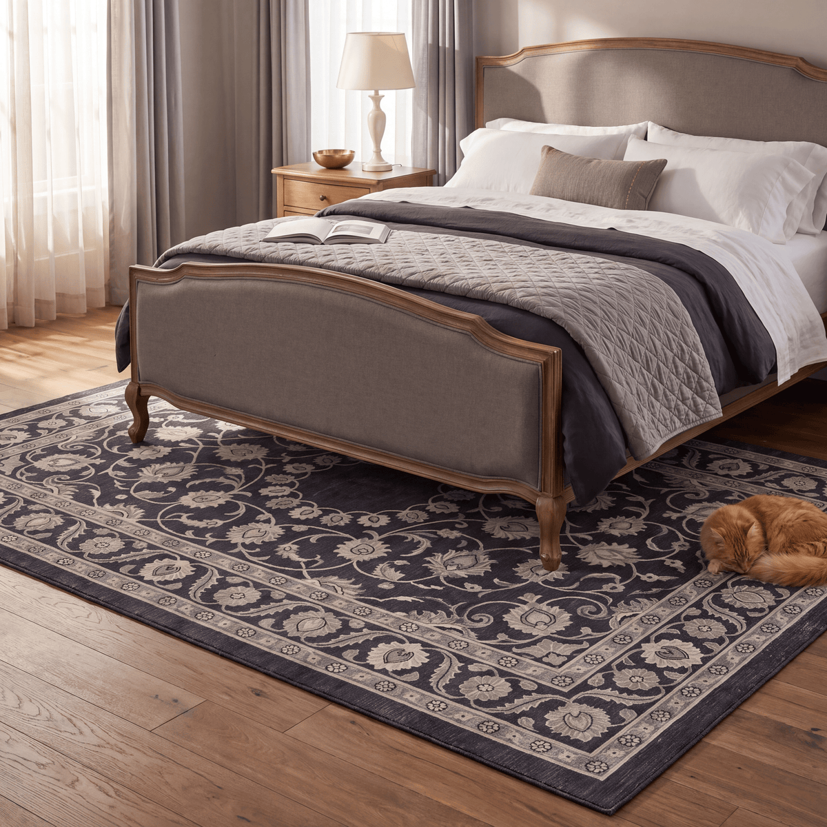 The rug at the foot of a bed with a cat asleep on it.
