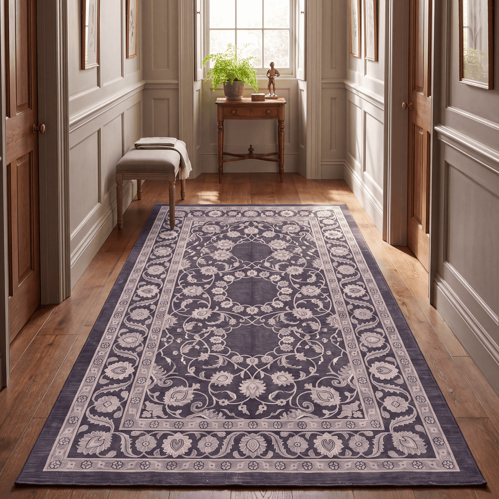 Veranda2 Traditional Medallion Border Charcoal Gray Ivory Washable Indoor Outdoor Rug - RugzellaDigital Print RugRugzellaRugzellaBBB400-RECT-24x47-60x120cmRGZLLA115796Rectangle2' x 3'11" (60x120 cm)RUNNER | Veranda2 runner hallway