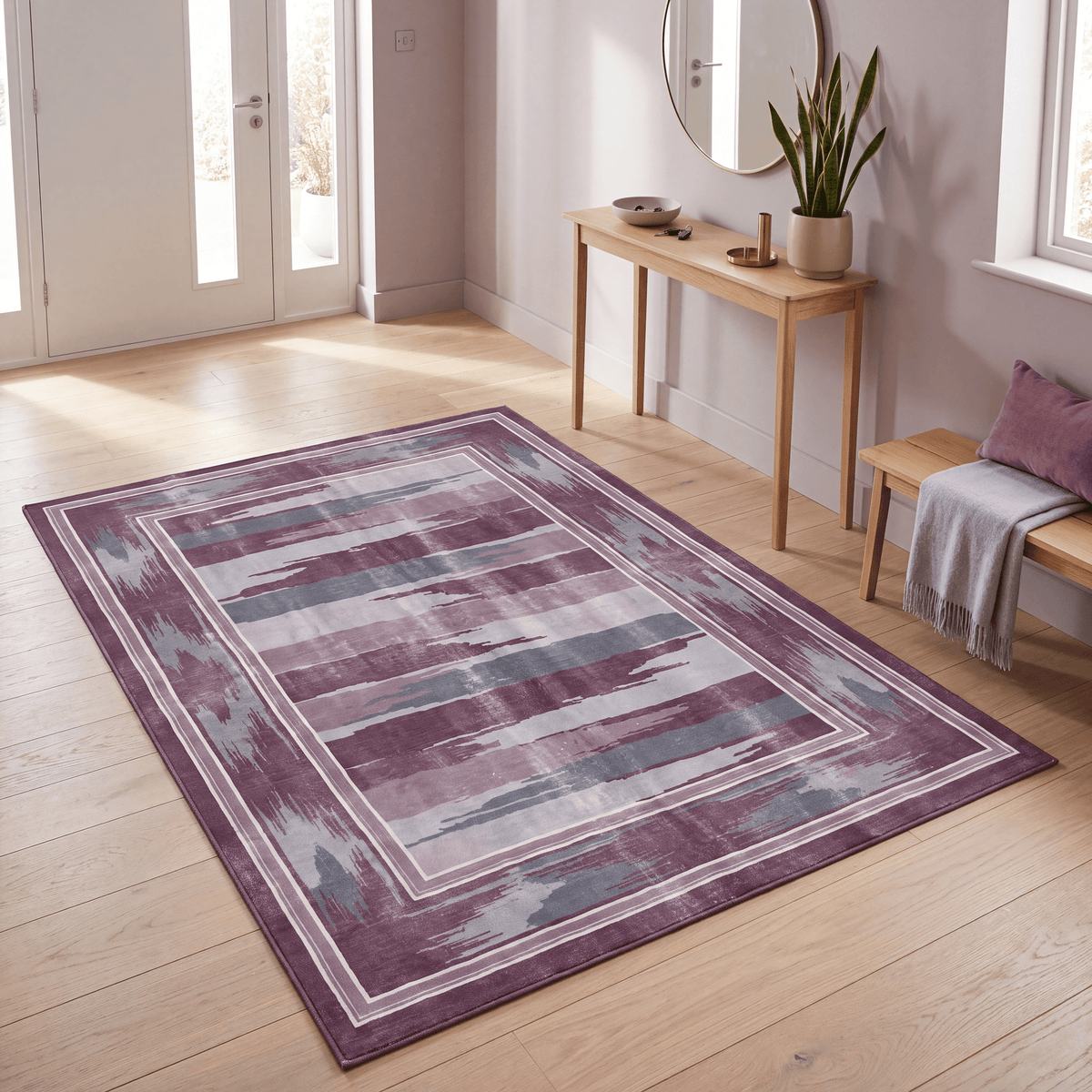 Wandale Modern Brushstroke Stripe Plum Slate Chalk Washable Indoor Outdoor Entryway Rug - RugzellaDigital Print RugRugzellaRugzellaBBB479-RECT-24x47-60x120cmRGZLLA142596Rectangle2' x 3'11" (60x120 cm)RECTANGLE | Wandale rectangle entryway